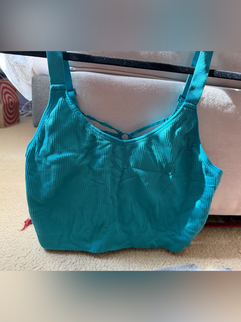 Cacique Ribbed Teal Tank Bralette with Strappy Neck Detail